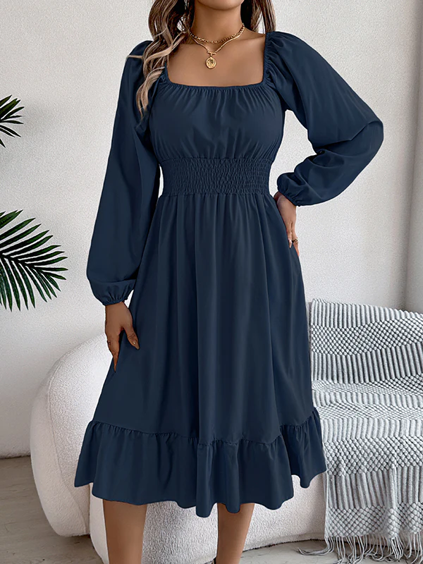 A-Line Elasticated Waist Pleated Ruffled Solid Color Square-Neck Midi Dresses - Image 29