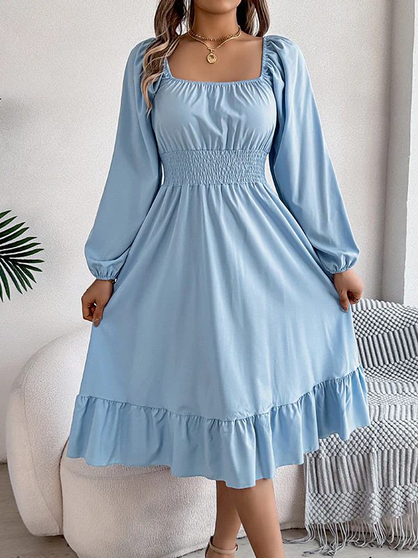 A-Line Elasticated Waist Pleated Ruffled Solid Color Square-Neck Midi Dresses - Image 3