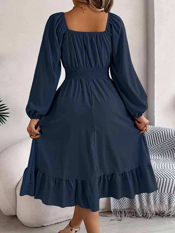 A-Line Elasticated Waist Pleated Ruffled Solid Color Square-Neck Midi Dresses - Image 31