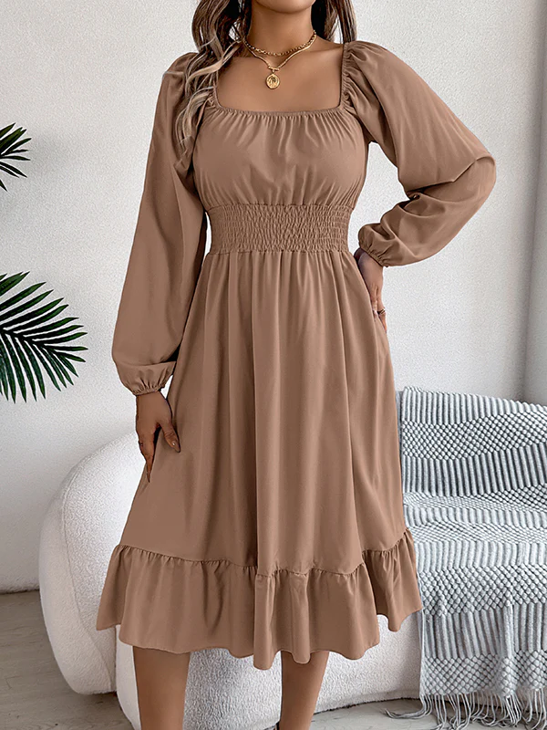 A-Line Elasticated Waist Pleated Ruffled Solid Color Square-Neck Midi Dresses - Image 32