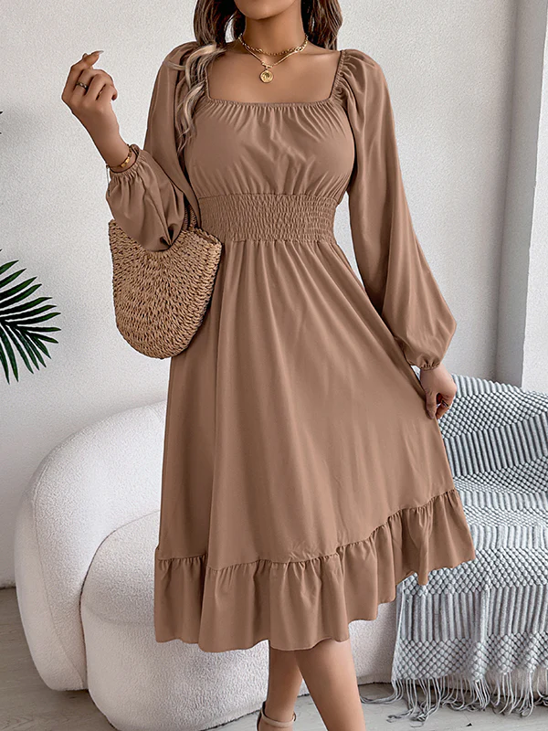 A-Line Elasticated Waist Pleated Ruffled Solid Color Square-Neck Midi Dresses - Image 33