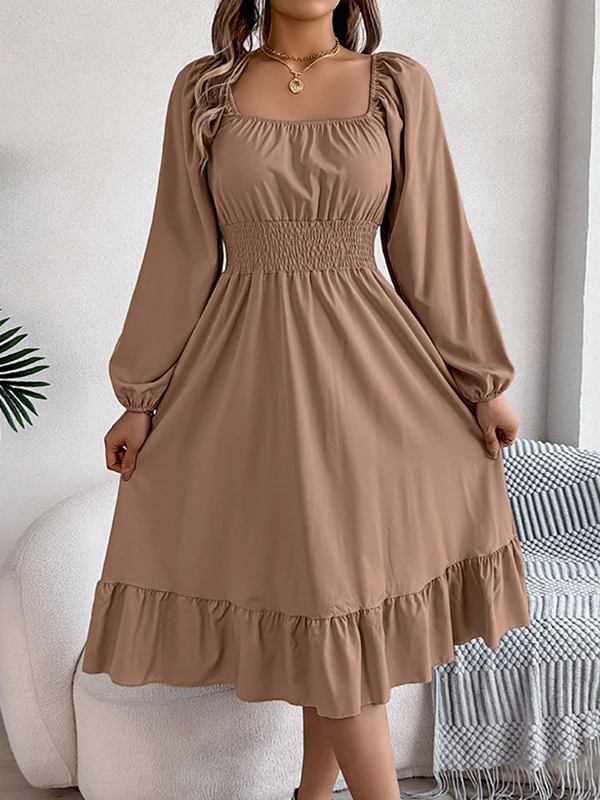 A-Line Elasticated Waist Pleated Ruffled Solid Color Square-Neck Midi Dresses - Image 34