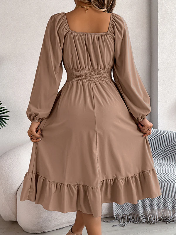 A-Line Elasticated Waist Pleated Ruffled Solid Color Square-Neck Midi Dresses - Image 36