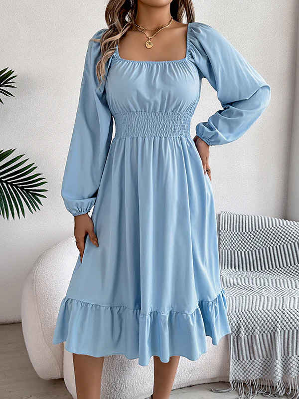 A-Line Elasticated Waist Pleated Ruffled Solid Color Square-Neck Midi Dresses - Image 4