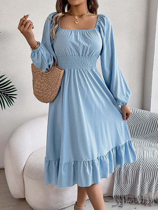 A-Line Elasticated Waist Pleated Ruffled Solid Color Square-Neck Midi Dresses - Image 5