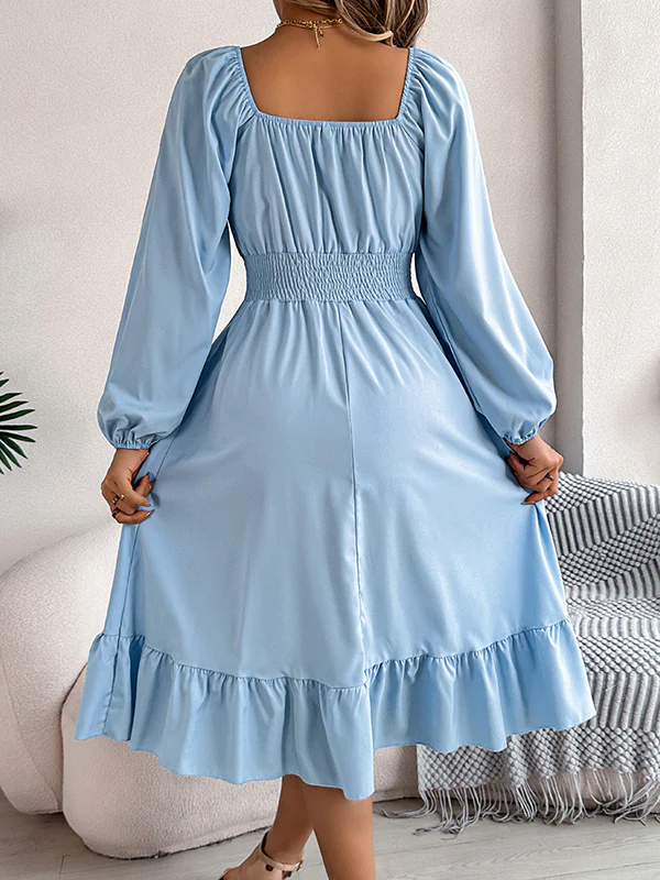 A-Line Elasticated Waist Pleated Ruffled Solid Color Square-Neck Midi Dresses - Image 7