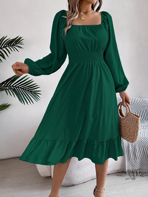 A-Line Elasticated Waist Pleated Ruffled Solid Color Square-Neck Midi Dresses - Image 8
