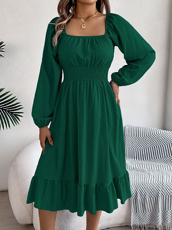 A-Line Elasticated Waist Pleated Ruffled Solid Color Square-Neck Midi Dresses - Image 9