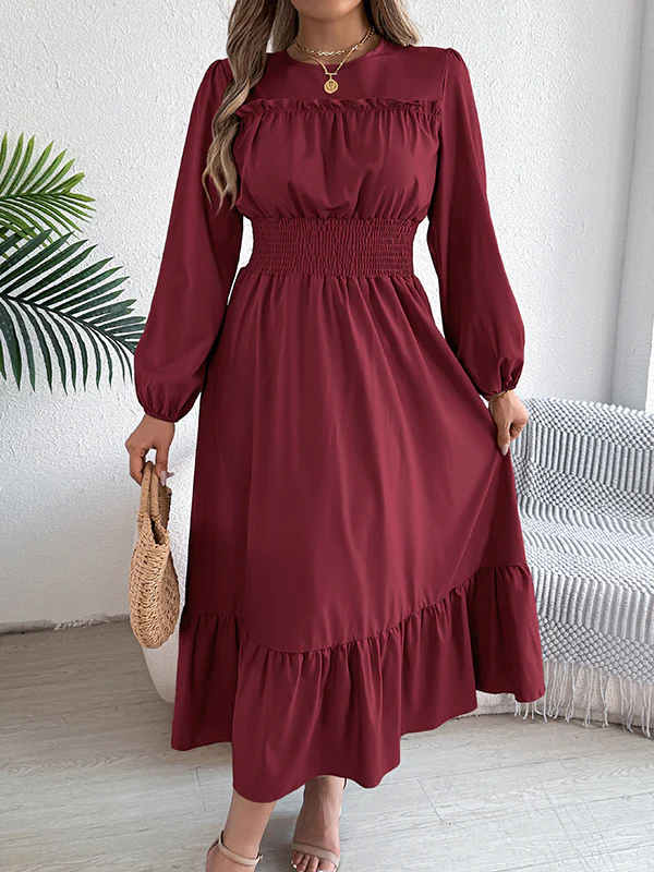 A-Line Elasticated Waist Pleated Solid Color Round-Neck Maxi Dresses - Image 10