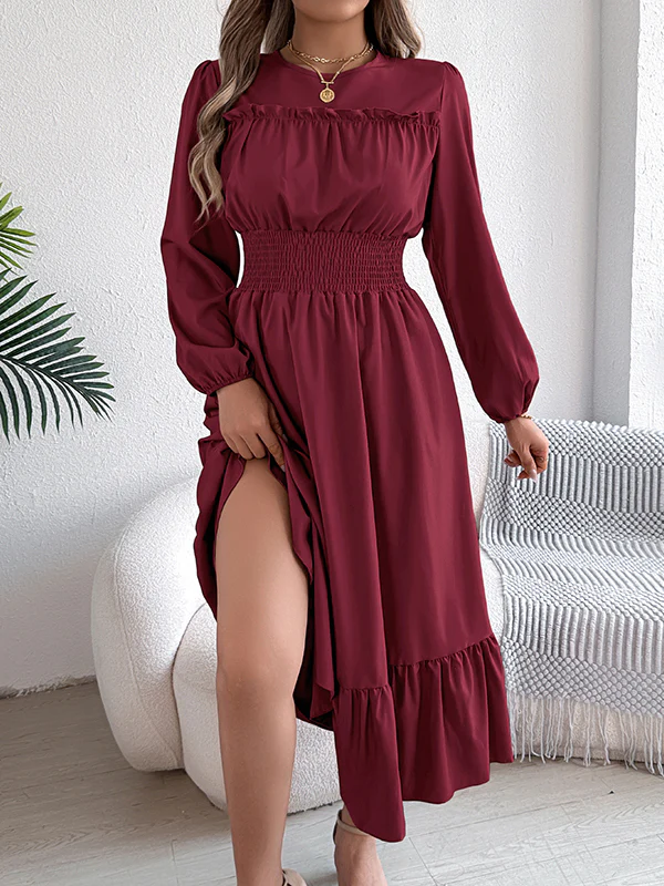 A-Line Elasticated Waist Pleated Solid Color Round-Neck Maxi Dresses - Image 11