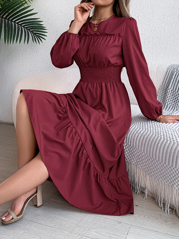 A-Line Elasticated Waist Pleated Solid Color Round-Neck Maxi Dresses - Image 12