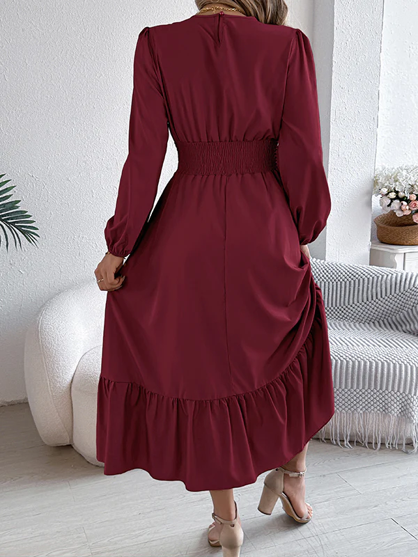 A-Line Elasticated Waist Pleated Solid Color Round-Neck Maxi Dresses - Image 13