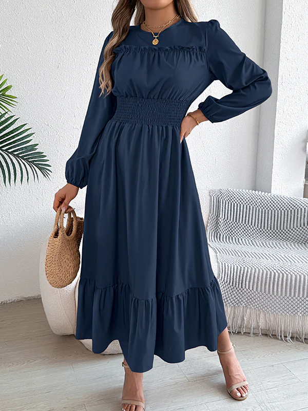 A-Line Elasticated Waist Pleated Solid Color Round-Neck Maxi Dresses - Image 14