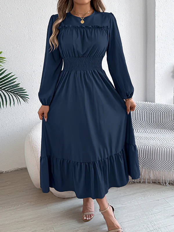 A-Line Elasticated Waist Pleated Solid Color Round-Neck Maxi Dresses - Image 15