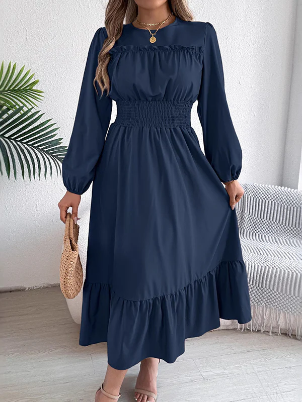 A-Line Elasticated Waist Pleated Solid Color Round-Neck Maxi Dresses - Image 16