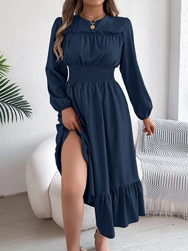 A-Line Elasticated Waist Pleated Solid Color Round-Neck Maxi Dresses - Image 17