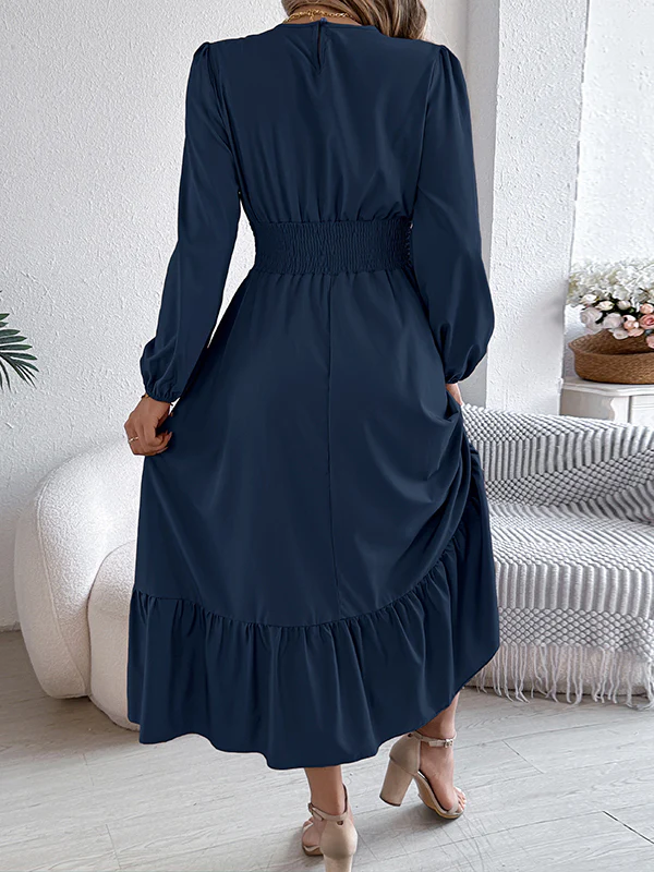 A-Line Elasticated Waist Pleated Solid Color Round-Neck Maxi Dresses - Image 19