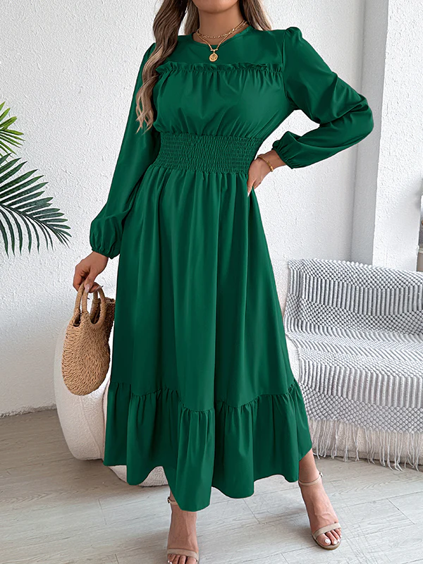 A-Line Elasticated Waist Pleated Solid Color Round-Neck Maxi Dresses - Image 2