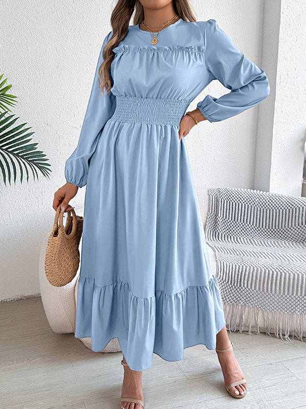A-Line Elasticated Waist Pleated Solid Color Round-Neck Maxi Dresses - Image 20