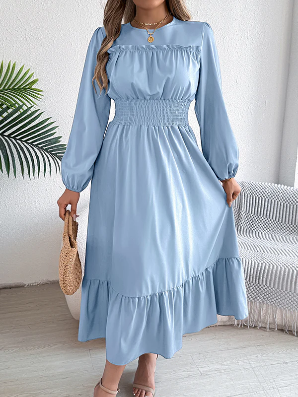 A-Line Elasticated Waist Pleated Solid Color Round-Neck Maxi Dresses - Image 21