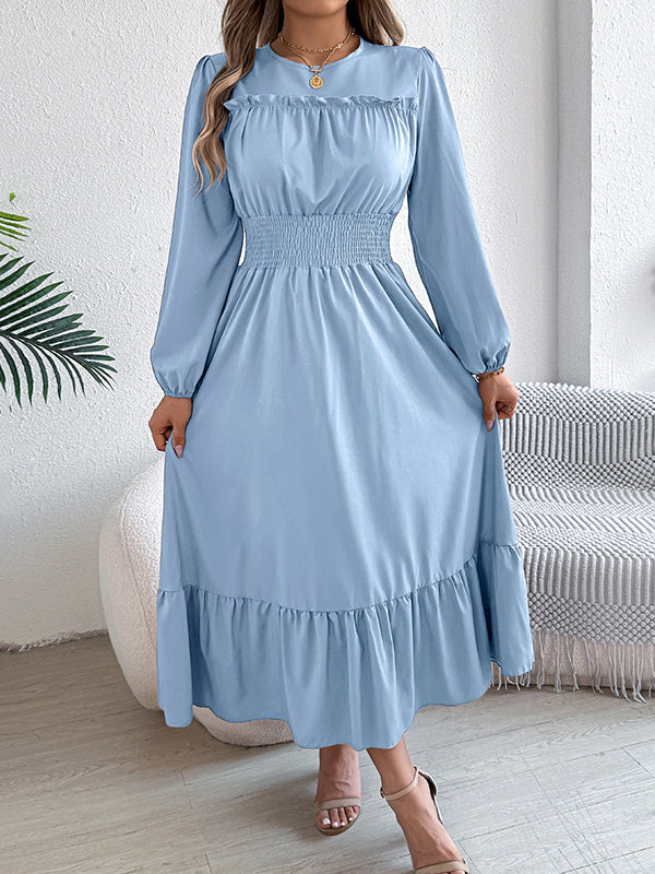 A-Line Elasticated Waist Pleated Solid Color Round-Neck Maxi Dresses - Image 22