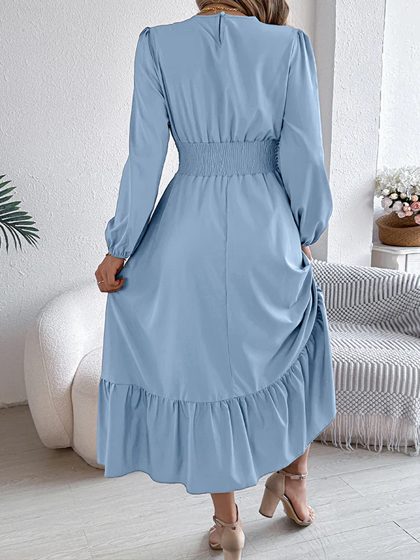A-Line Elasticated Waist Pleated Solid Color Round-Neck Maxi Dresses - Image 25