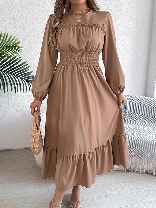 A-Line Elasticated Waist Pleated Solid Color Round-Neck Maxi Dresses - Image 26
