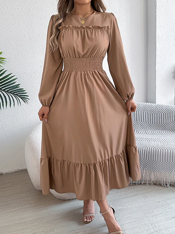 A-Line Elasticated Waist Pleated Solid Color Round-Neck Maxi Dresses - Image 27