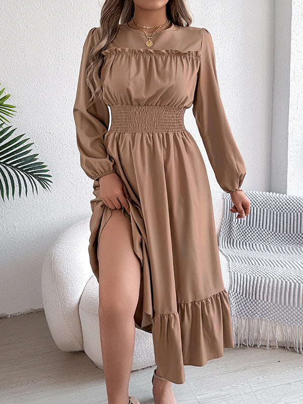 A-Line Elasticated Waist Pleated Solid Color Round-Neck Maxi Dresses - Image 28
