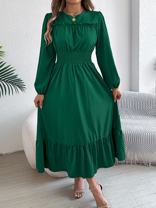 A-Line Elasticated Waist Pleated Solid Color Round-Neck Maxi Dresses - Image 3