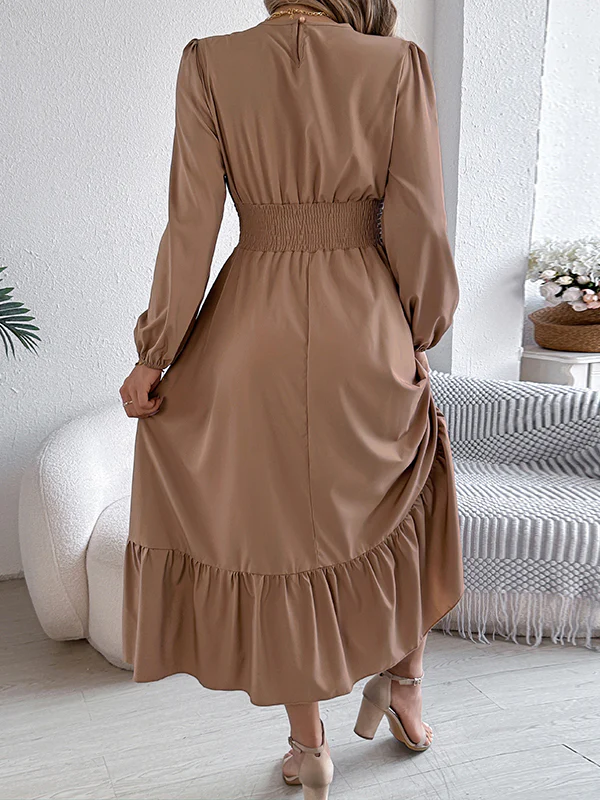 A-Line Elasticated Waist Pleated Solid Color Round-Neck Maxi Dresses - Image 30