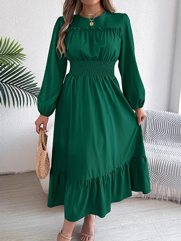 A-Line Elasticated Waist Pleated Solid Color Round-Neck Maxi Dresses - Image 4