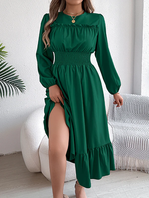 A-Line Elasticated Waist Pleated Solid Color Round-Neck Maxi Dresses - Image 5