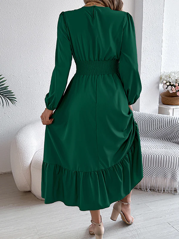 A-Line Elasticated Waist Pleated Solid Color Round-Neck Maxi Dresses - Image 7
