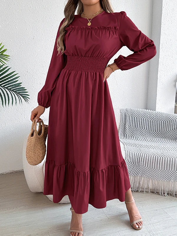 A-Line Elasticated Waist Pleated Solid Color Round-Neck Maxi Dresses - Image 8