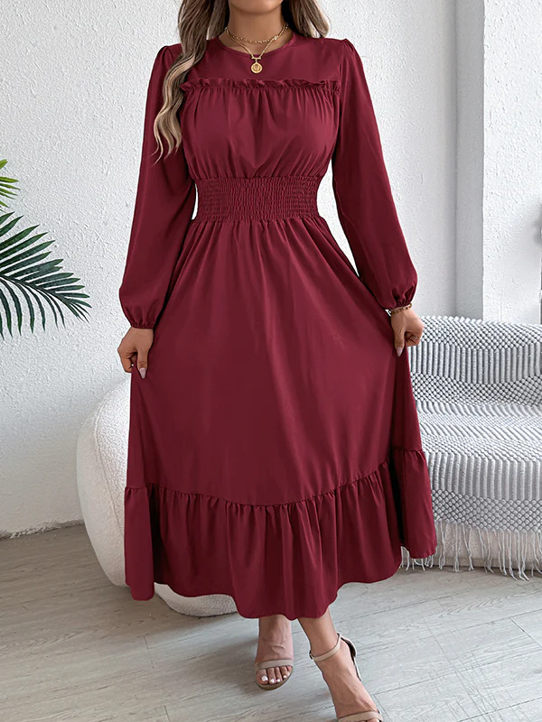 A-Line Elasticated Waist Pleated Solid Color Round-Neck Maxi Dresses - Image 9