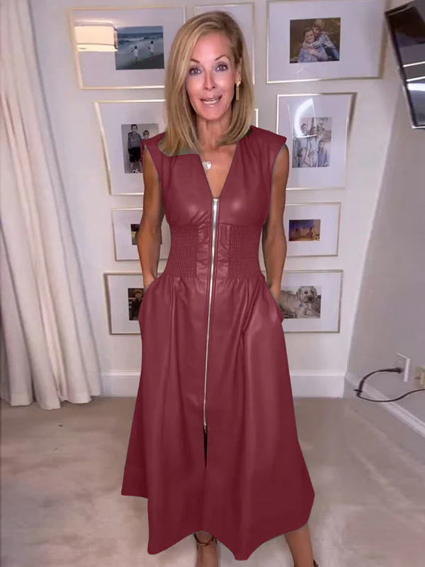 A-Line Elasticated Waist Pockets Solid Color Split-Joint Zipper V-Neck Midi Dresses - Image 4