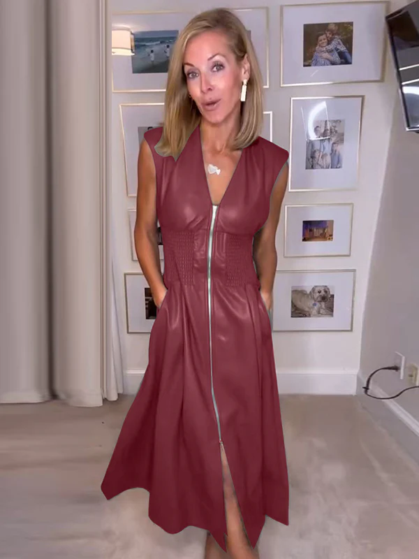 A-Line Elasticated Waist Pockets Solid Color Split-Joint Zipper V-Neck Midi Dresses - Image 5
