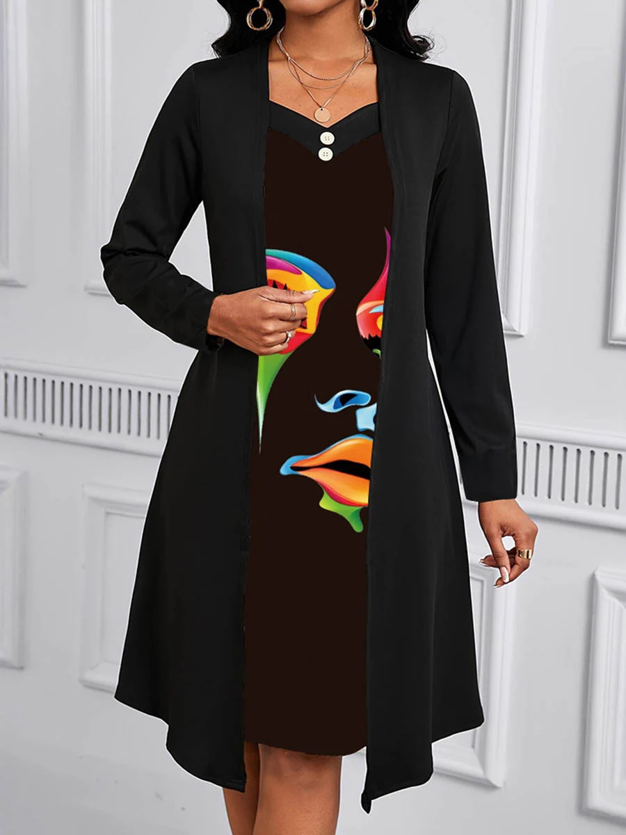 A-Line False Two Buttoned Contrast Color Human Pattern Print Split-Joint Square-Neck Midi Dresses