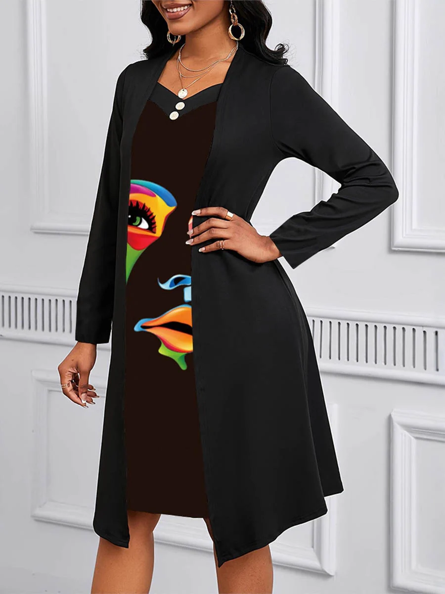 A-Line False Two Buttoned Contrast Color Human Pattern Print Split-Joint Square-Neck Midi Dresses - Image 3