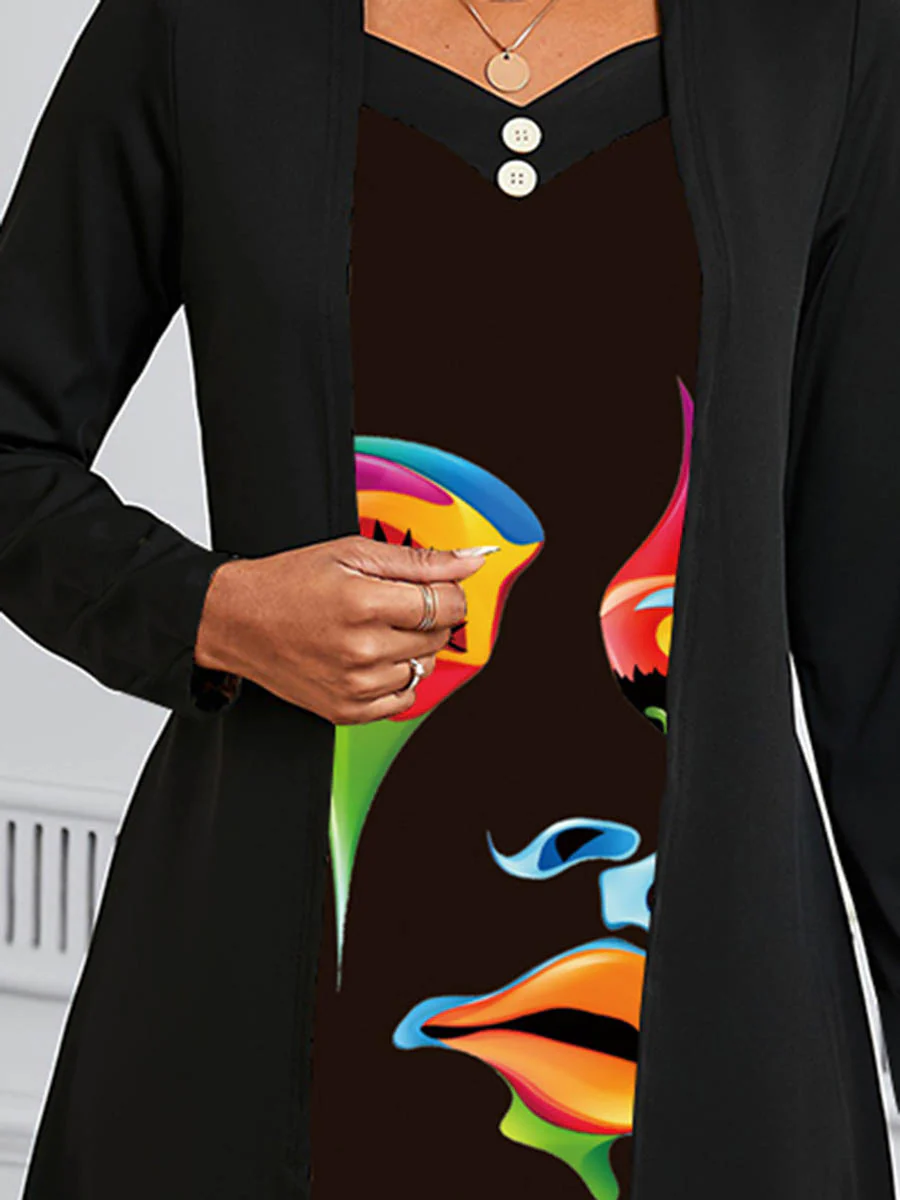 A-Line False Two Buttoned Contrast Color Human Pattern Print Split-Joint Square-Neck Midi Dresses - Image 4