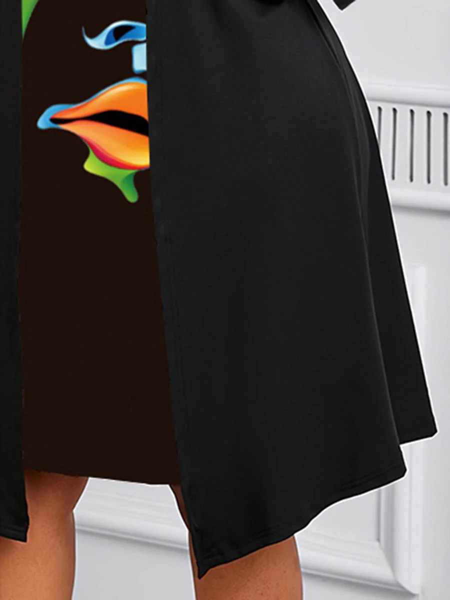 A-Line False Two Buttoned Contrast Color Human Pattern Print Split-Joint Square-Neck Midi Dresses - Image 5