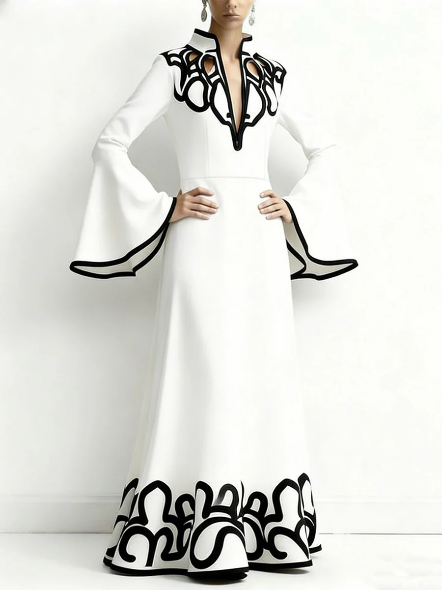 A-Line Flared Sleeves Abstract Printed Contrast Color Hollow Line Split-Joint Stand Collar Maxi Dresses - Image 10