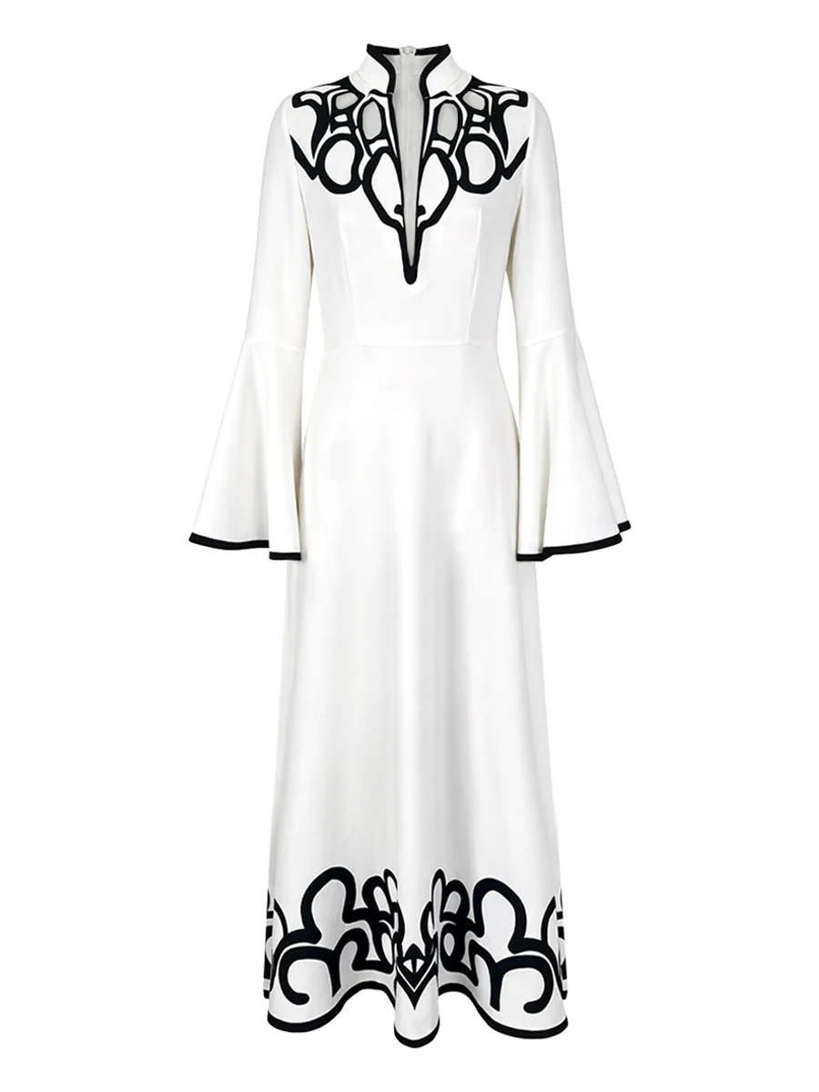 A-Line Flared Sleeves Abstract Printed Contrast Color Hollow Line Split-Joint Stand Collar Maxi Dresses - Image 11