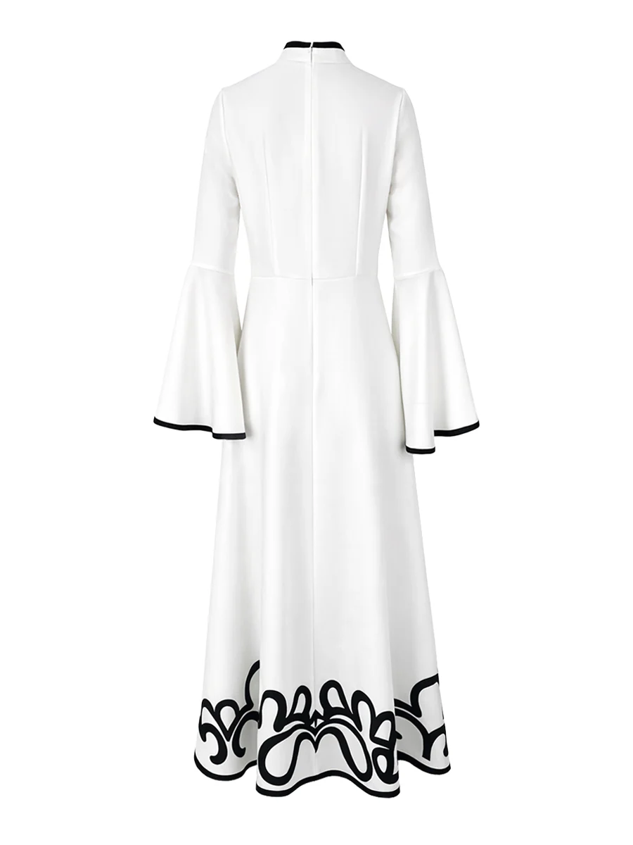 A-Line Flared Sleeves Abstract Printed Contrast Color Hollow Line Split-Joint Stand Collar Maxi Dresses - Image 13