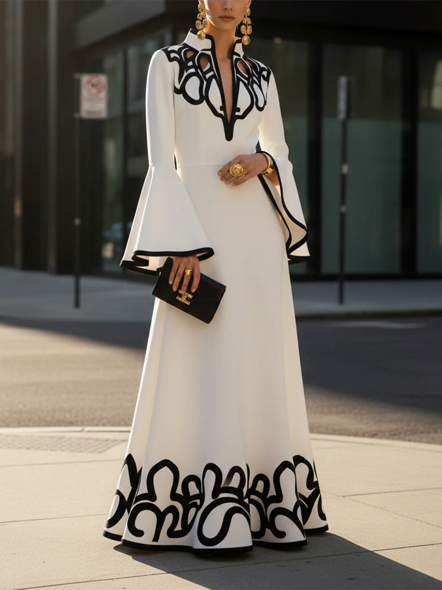 A-Line Flared Sleeves Abstract Printed Contrast Color Hollow Line Split-Joint Stand Collar Maxi Dresses - Image 2