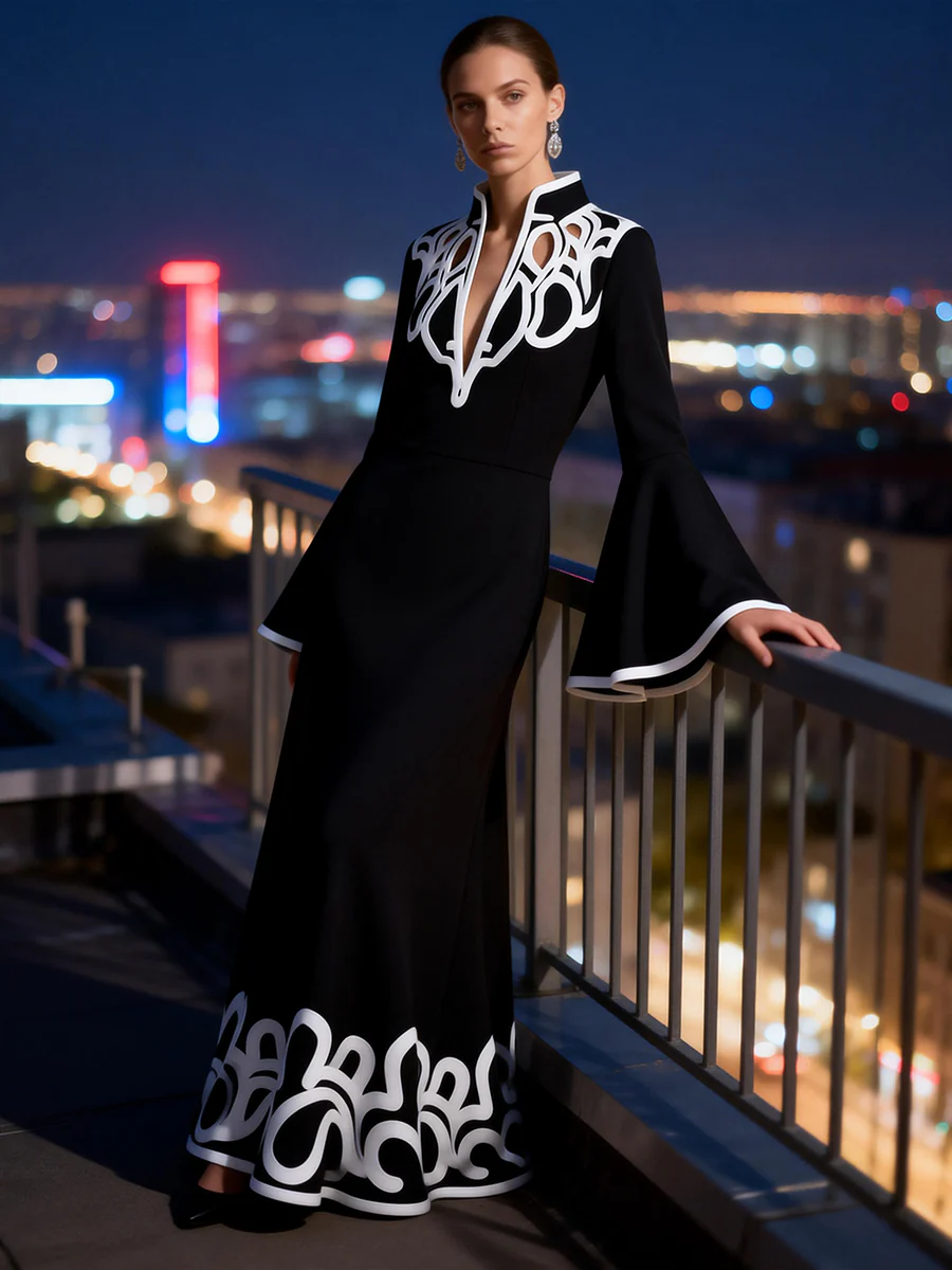 A-Line Flared Sleeves Abstract Printed Contrast Color Hollow Line Split-Joint Stand Collar Maxi Dresses - Image 3