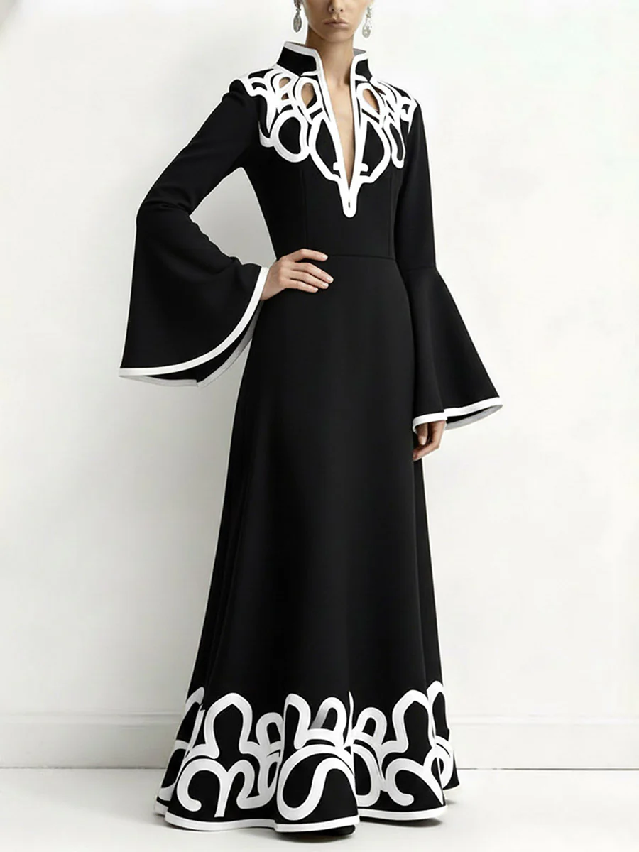 A-Line Flared Sleeves Abstract Printed Contrast Color Hollow Line Split-Joint Stand Collar Maxi Dresses - Image 4