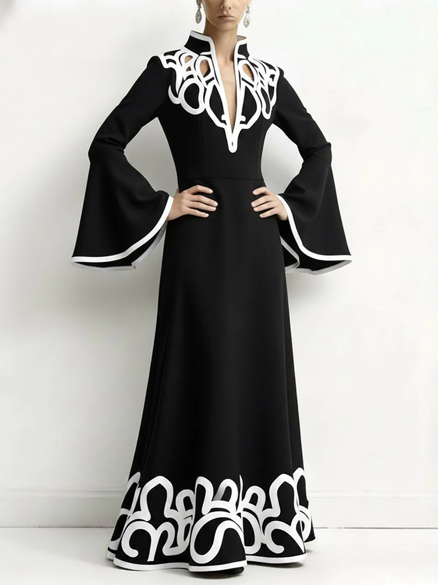 A-Line Flared Sleeves Abstract Printed Contrast Color Hollow Line Split-Joint Stand Collar Maxi Dresses - Image 5