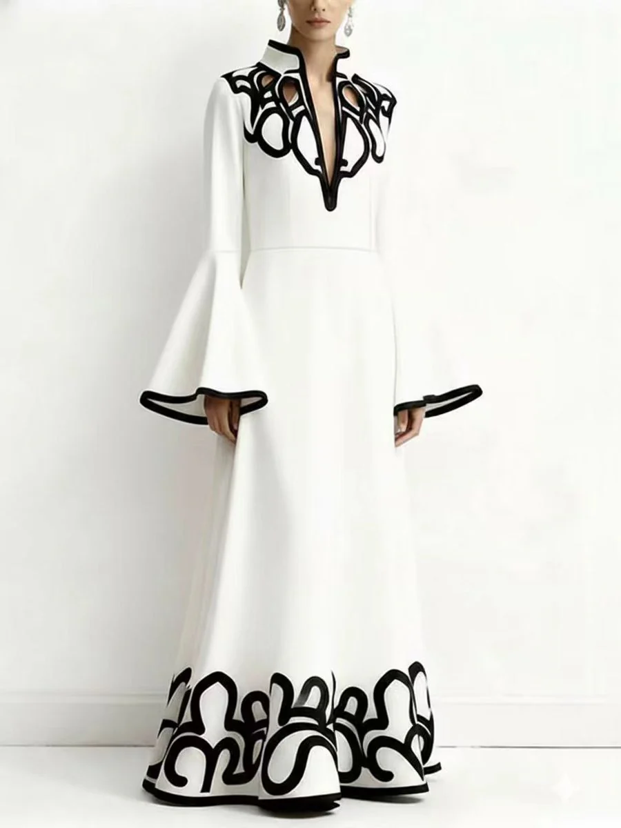 A-Line Flared Sleeves Abstract Printed Contrast Color Hollow Line Split-Joint Stand Collar Maxi Dresses - Image 6